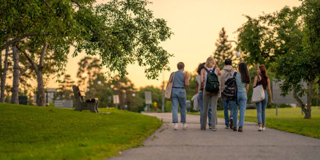 Quatre étudiants marchant sur un chemin dans un parc d'une ville canadienne, entourés de verdure et d'arbres